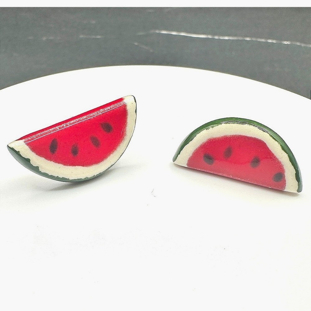 VTG Hand Painted Clay Watermelon Stud Earrings Fruit Food Resin Pop Art Fun Boho